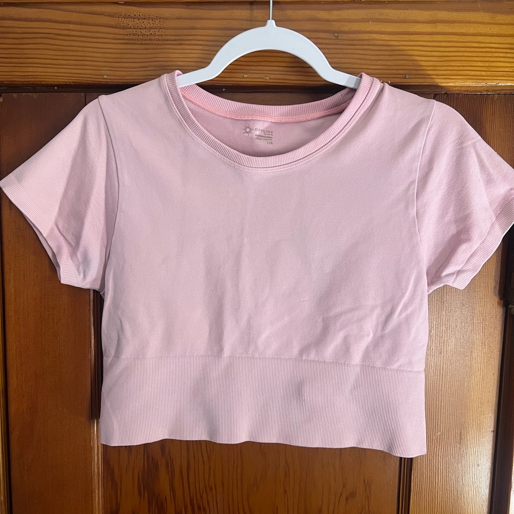 Offline by aerie Cropped Rib-Band Light Pink Tee - Large